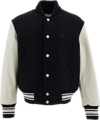 Ami Black Padded Boiled Wool Leather Sleeve Bomber Jacket