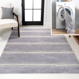 Jonathan Y Designs Bande Distressed Ticking Stripe Machine-Washable Area Rug in Lavender/ivory at Nordstrom, Size 2Ft 0In X 8Ft 0In