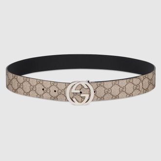 Gucci Reversible Belt With Interlocking G Buckle, Size Gucci 115, Beige, GG Canvas