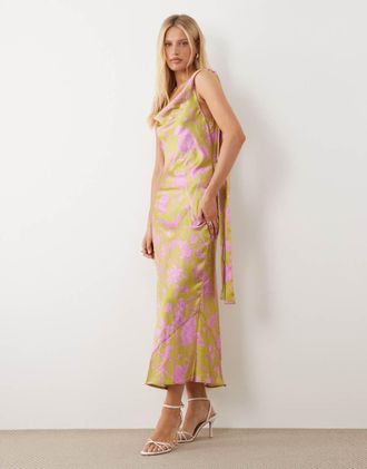 Hope & Ivy Vestito midi con scollo ad anello e foulard in raso verde e rosa a fiori-Giallo