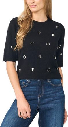 CeCe by Cynthia Steffe Jewel Elbow Sleeve Sweater in Rich Black at Nordstrom, Size X-Large