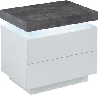 Vente-Unique Comodino 2 cassetti con LED in MDF laccato Bianco e Calcestruzzo - HALO II