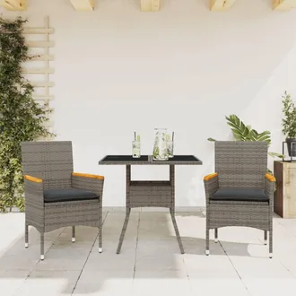 vidaXL Set Comedor Jard&iacute;n 3 Pzas Y Cojines Rat&aacute;n Sint&eacute;tico Vidrio Gris Vidaxl