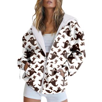 Generic Sale Clearance Outlet Clearance UK Halloween Sweatshirt for Women UK Fashion Hoodie Long Sleeve Pocket Zipper Track Jacket Loose Halloween Pumpkin Pri