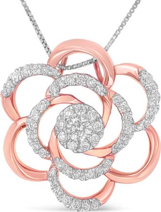 House of Brilliance 10K Rose Gold Plated Flower Accent Pendant Necklace with 1/2 cttw Round Cut Diamond