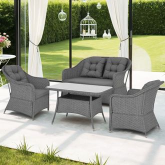 OUTSUNNY 4 PCS Rattan Garden Furniture, Padded Cushions Conversation Sofa Set in Light Grey