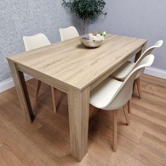 Kosy Koala Dining Table Set Oak Effect Table With 4 Cream Plastic Chairs Dining Room Furniture | Size: 140 cm x 80 cm