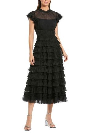 Mac Duggal Womens Ruffle High Neck Cap Sleeve Midi Dress in Black at Nordstrom, Size 14