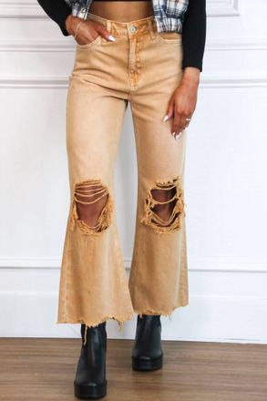 Flying Monkey Leslie Distressed High Waisted Crop Flare Jeans In Tan