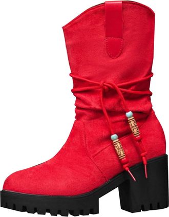 Generic Red Womens Casual Suede Boots with Midsole and Round Toe for Comfortable Leisure Time in Cold Weather