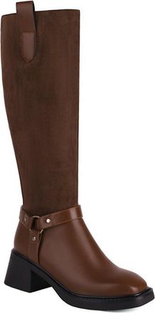 Generic Womens Fashion Buckle Knee High Boots Round Toe Low Block Heels Side Zipper Versatile Motorcycle Shoes (Brown,7.5)