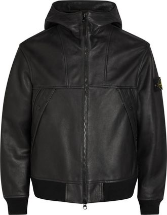Stone Island Hooded Padded Grained Leather Jacket - Black - S