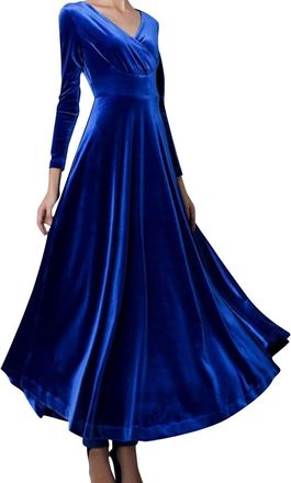 Generic Long Evening Dresses for Women UK Blue Long Sleeve Velvet Dress Maxi Evening Long Dress Wedding Guest Dress New Ruched V Neck Elegant Party Dresses Pa