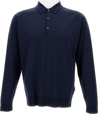 John Smedley Midnight Blue Long-Sleeved Polo In Extra-Fine Merino Wool