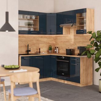 Vicco Cocina Esquinera Fame-line, Azul Oscuro Alto Brillo/roble Dorado, 160 X 190 Cm, Et M&aacute;rmol