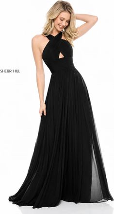 Sherri Hill Chiffon Cross Front Keyhole Gown In Black