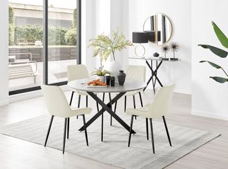 Furniturebox Novara Grey Concrete Effect Black Leg 120cm Round Dining Table & 4 Pesaro Black Leg Chairs in Cream