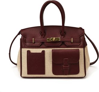 Generic Color Block Platinum Tote Bag, Canvas Leather Patchwork Large Capacity Convertible Crossbody Shoulder Top Handle Bag for Women