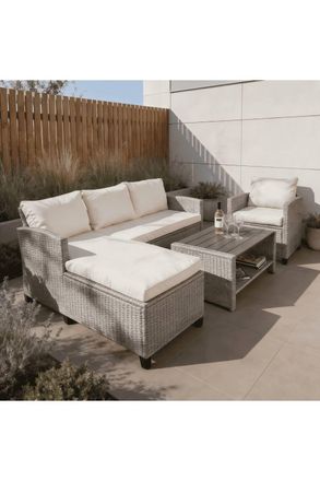 Home Source Industries Trapani 4 Piece Garden Patio Furniture Set Corner Sofa Table Chair in Taupe