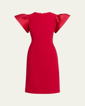 Teri Jon Flounce-Sleeve Crepe Sheath Dress