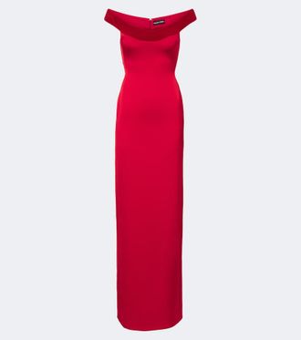 DAVID KOMA Velvet-trimmed off-shoulder satin gown