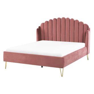 Beliani Velvet Bed Frame Shell Headboard eu Double Size 4ft6 Metal Legs Pink Ambillou