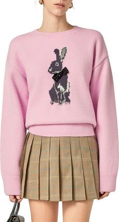 English Factory Embellished Intarsia Bunny Crewneck Sweater in Pink/Black at Nordstrom, Size Medium