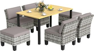 OUTSUNNY 7 PCS Rattan Garden Dining Set with Cushions - Umbrella Hole - Grey | TJ Hughes