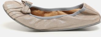 Ferragamo Metallic Beige Suede Vara Bow Scrunch Ballet Flats