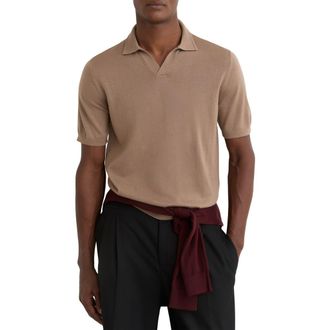 Reiss Duchie Johnny Collar Short Sleeve Wool Polo Sweater in Camel Brown at Nordstrom, Size Xx-Large