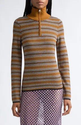 Zankov Kim Merino Wool Jacquard Half Zip Sweater in Cognac at Nordstrom, Size X-Small