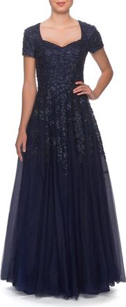 La Femme Embellished Tulle A-Line Gown in Navy at Nordstrom, Size 12
