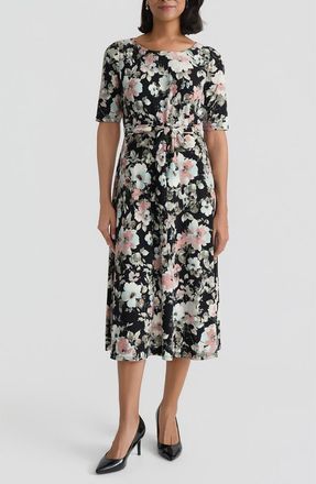 Kasper Floral Tie Belt A-Line Dress in Black Multi at Nordstrom, Size 10