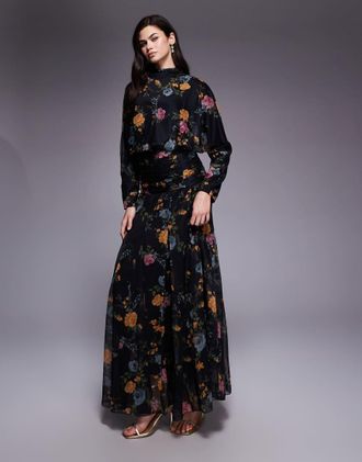 Asos Vestito lungo godet in chiffon nero a fiori con pannello in vita trasparente-Multicolore