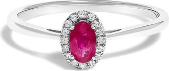 House of Brilliance 10K White Gold Oval and Diamond Accent Halo Birthstone Ring in Red Ruby at Nordstrom, Size 7.5