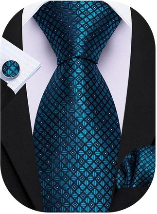 Barry.Wang Teal Blue Tie Set Tartan Silk Necktie Mens Plaid Handkerchief Cufflinks Sets Formal Wedding