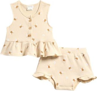 Petit Lem Bees Print Rib Peplum Top & Bloomers Set in Beige at Nordstrom, Size 18M