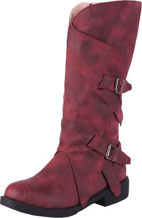 Generic Winter Stylish Womens Mid Calf Boots with Belt Buckle Low Heeled Round Toe Design for Autumn Winter Fashion Comfort (Red, 6. 5)