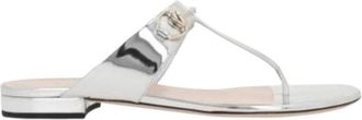 Gucci Zilver-tone Horsebit Flap Sandalen - Dames - Slippers - Grijs - 37 1/2 EU - Leer - Schoenen