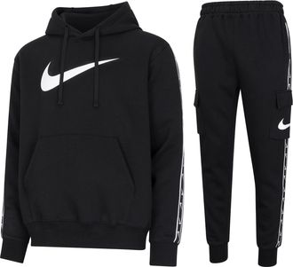 Nike Sportswear Mens Repeat Hooded Fleece Tracksuit Black/White Cotton - Size Large