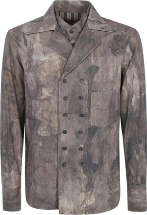 Ziggy Chen Digital Print Doublebreasted Shirt - Heren - Casual Overhemden - Bruin - XS - Overhemden