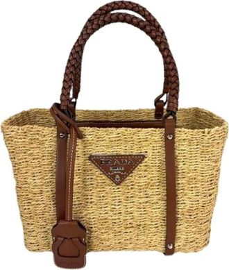Prada Pre-owned Palmetto Vitello Woven Raffia Tote Bag - Dames - Vintage Shopper - Bruin - ONE Size - Leer - Vintage