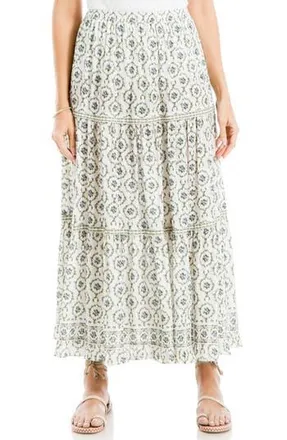 Max Studio Floral Wreath Print Tiered Cotton Blend Maxi Skirt in Cream/Print at Nordstrom Rack, Size X-Small
