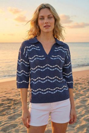 Roman Stripe Wave Knit Polo Top