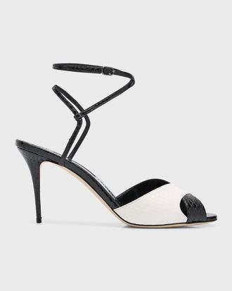Manolo Blahnik Mumbi Bicolor Snakeskin Ankle-Strap Sandals