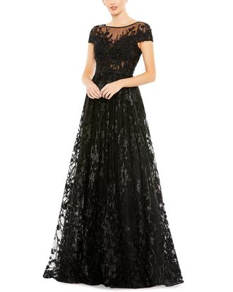 Mac Duggal Embellished Floral Cap Sleeve A-Line Gown