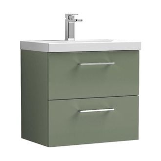 Nuie Nuie - Arno Satin Green 600mm Wall Hung 2 Drawer Vanity Unit and Mid Edge Ceramic Basin - ARN824A