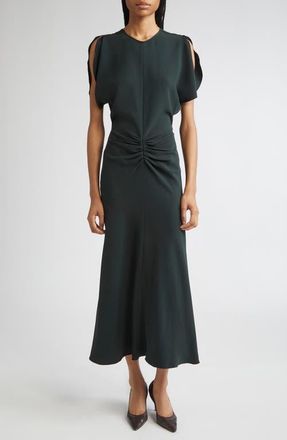 Victoria Beckham Gathered Waist Crepe Midi Dress in Dark Pine at Nordstrom, Size 0 Us