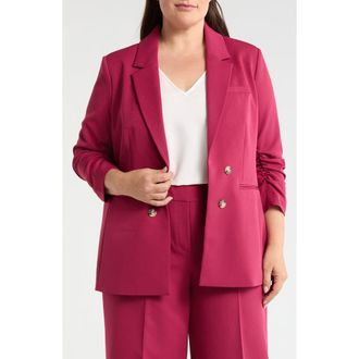 Tahari by ASL Ruched Sleeve Faux Double Breasted Blazer in Berry Bliss at Nordstrom, Size 20W
