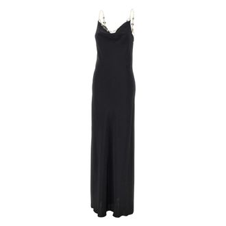 Paco Rabanne Maxi Dresses, female, Black, Size: XS Long Satin Dress with Chain Details